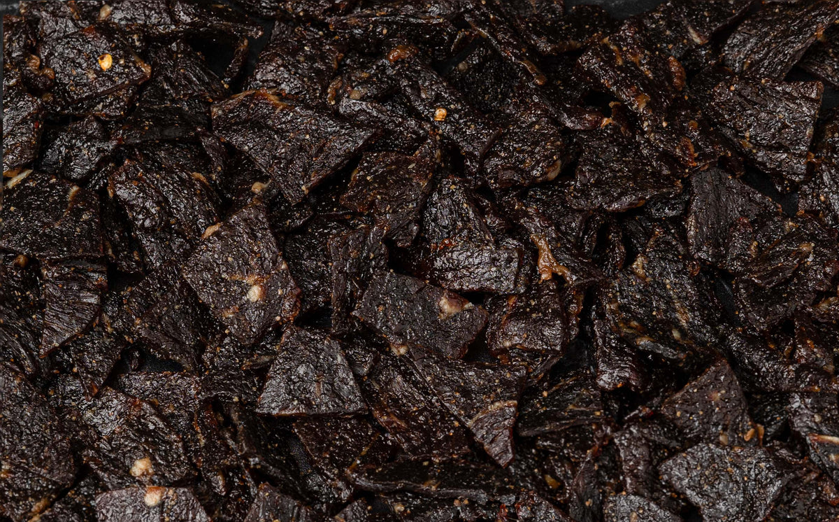 Close-up of soft Jerky Munch kosher beef jerky pieces