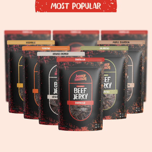 Jerky Munch kosher beef jerky 10 flavor sampler pack, all bags together