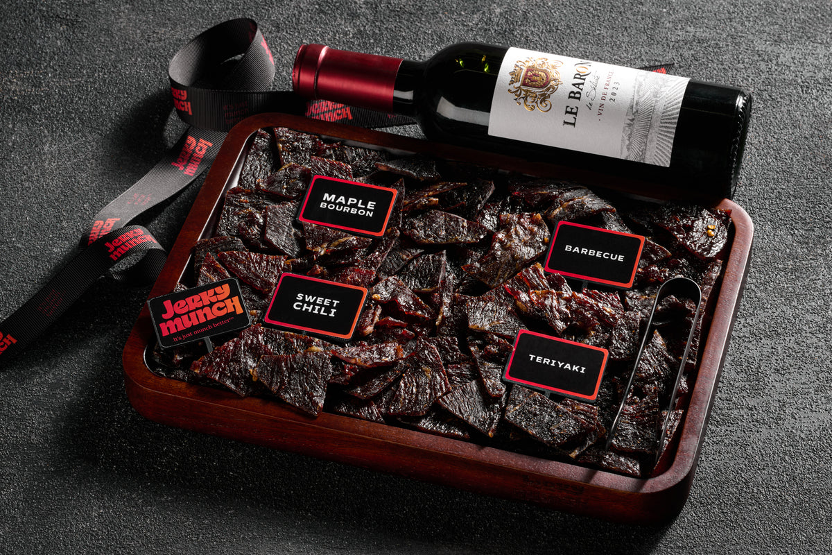 Kosher beef jerky board for a simcha, with flavor labels