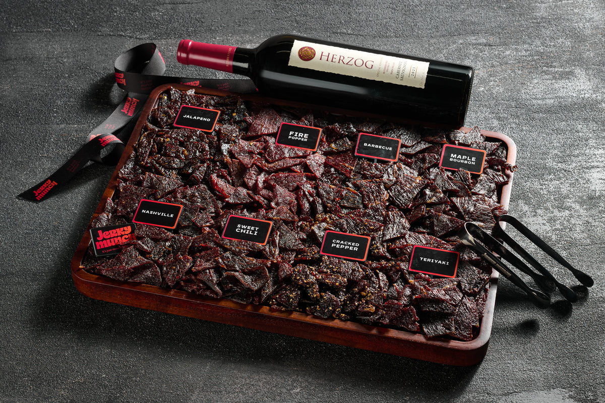 Large kosher beef jerky board with flavor labels