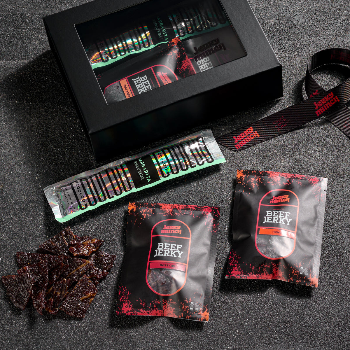Jerky Munch gift box with bags of kosher beef jerky, packed to ship