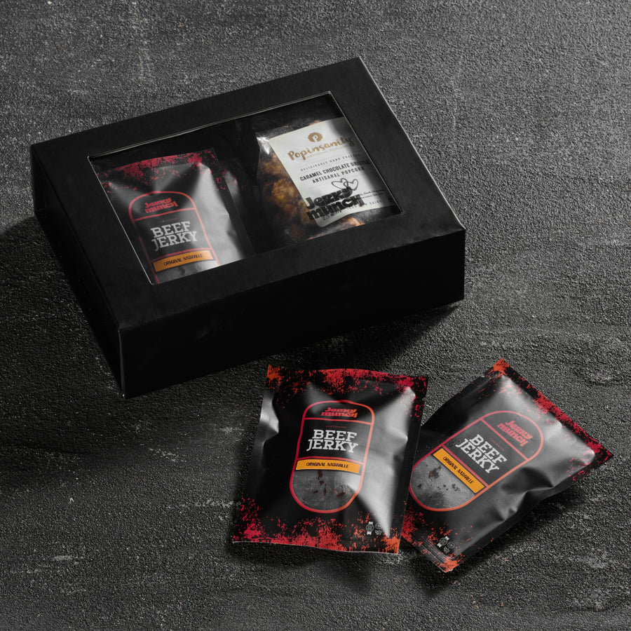 Jerky Munch box with bags of kosher beef jerky