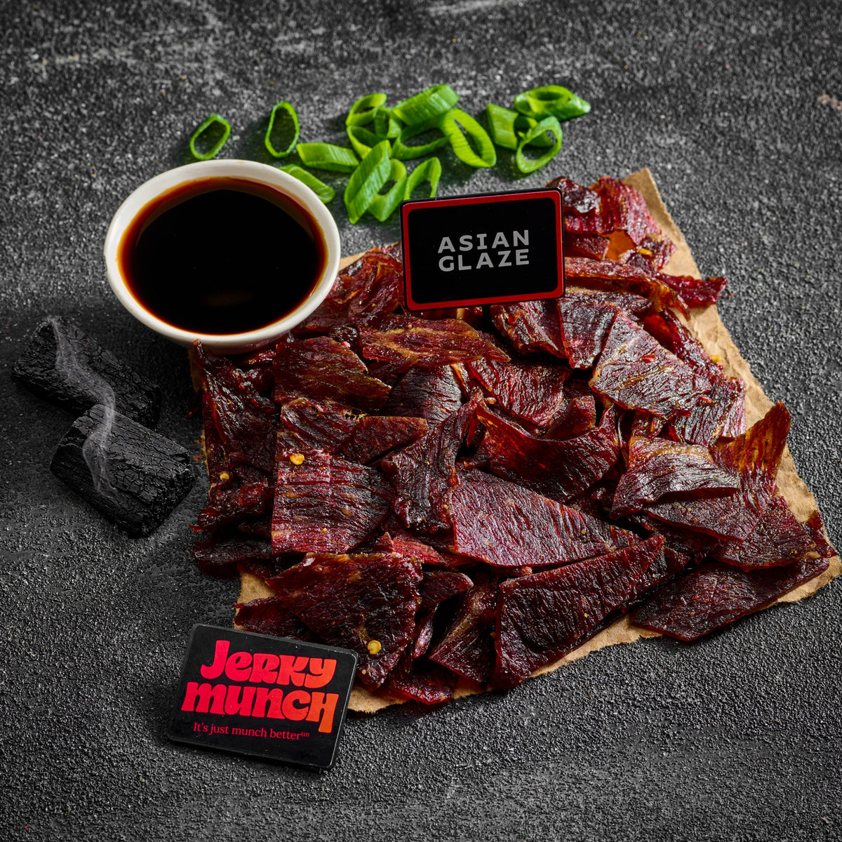 Jerky Munch kosher beef jerky, Asian Glaze flavor, with soy glaze and scallions
