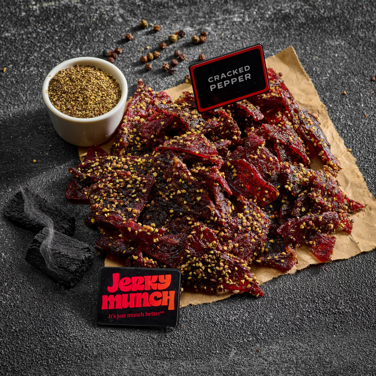 Jerky Munch kosher beef jerky, Cracked Pepper flavor, coated in cracked black pepper