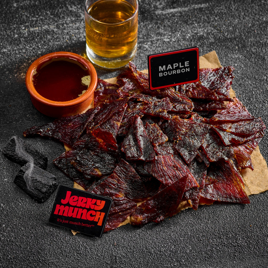 Jerky Munch kosher beef jerky, Maple Bourbon flavor, with bourbon and maple glaze